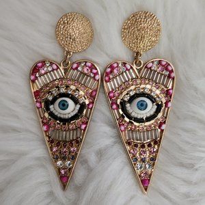 Evil Eye Heart Shaped Earrings / Rhinestone Heart Shape Handmade Earrings